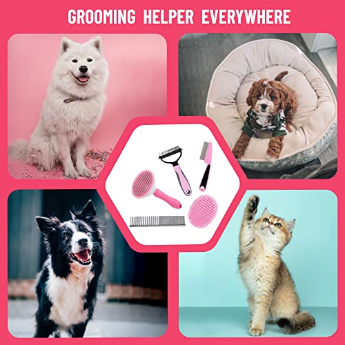 Dog Grooming Kit - Deshedding Brush for Short Hair, Slicker Brush, Flea Comb, Puppy Brush Set in Pink - color: Pink