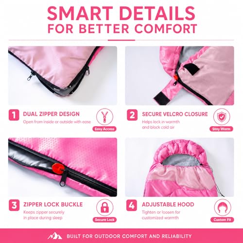 Sleeping Bags for Adults & Kids, Lightweight Camping Sleeping Bag | Waterproof Backpacking Sleeping Bag for Girls, Boys & Teens, Warm 3-Season Design for Hiking, Camping & Outdoor Travel - color: 4.4lb-Pink