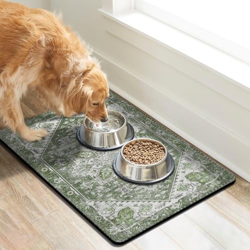 Dog Food Mats for Floors, Absorbent Dog Bowl Mat for Food and Water Dispenser Mat, Quick Dry Cat Food Mat Pet Supplies - color: Dark Green, size: S(12"×20")