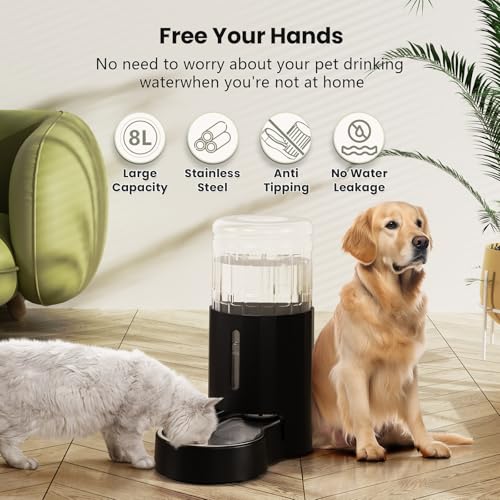 CZPET Dog Water Bowl Dispenser 8L, Wider Mouth Gravity Refilling (Black) | With Stainless Steel Bowl Gravity Waterer, Large Capacity and Drinking Area Noise-Free for Pets - color: Black