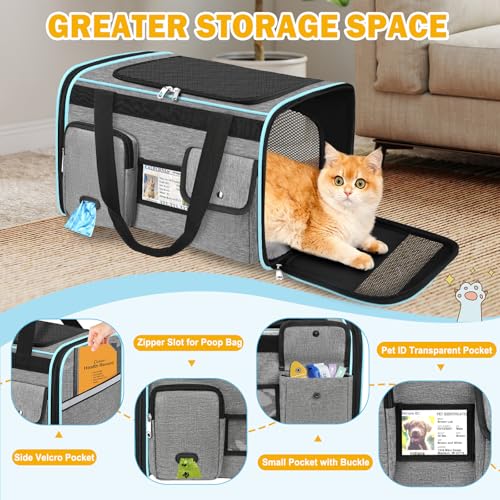 HUANLANG Large Cat Carrier Soft Sided Travel Pet Carrier Airline Approved | Dog Carriers for Small Dogs Medium Cats,Collapsible,3 Storage,zipper lock,Reflective strips,Luggage Strap, Up to 15 Lbs, Grey - color: Gray