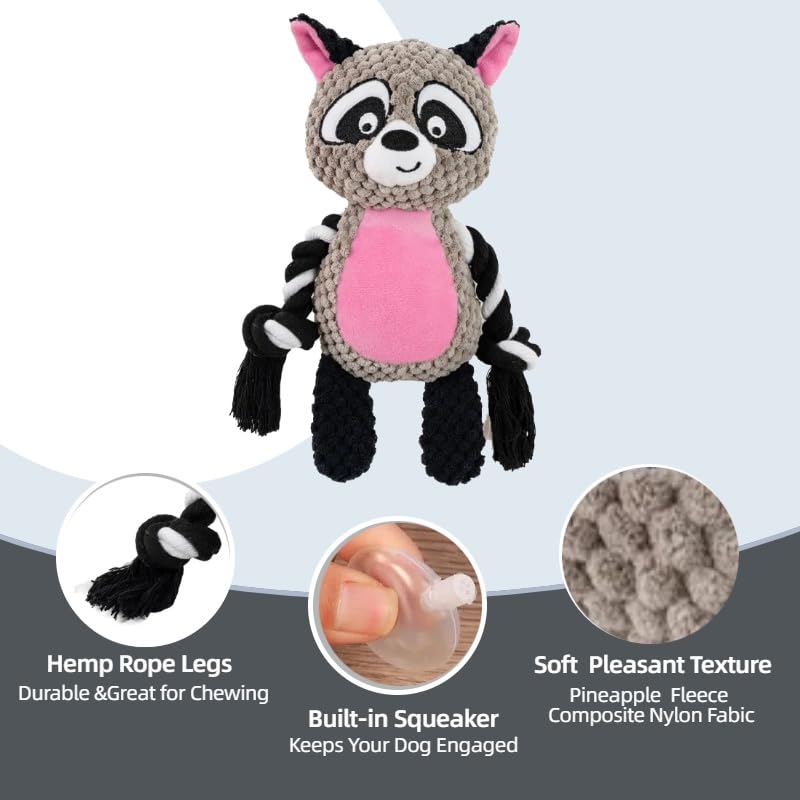 Raccoon Plush Dog Toy with Squeaker, Crinkle Paper & Rope for Small Dogs | Cute raccoon design with soft plush texture, squeaky sound and crinkle paper to encourage interactive indoor play. - color: Raccoon