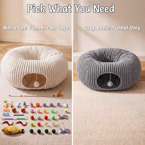 Cat Tunnel Bed with 40 Pcs Interactive Cat Toys, Cat Tube with Kitten Toys for Indoor Kittens, Collapsible Play Tunnel, White - color: White