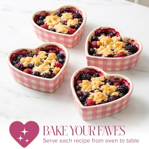 Paris Hilton Heart Shaped Ramekins Oven Safe, 4-Piece Mini Ceramic Ramekin Set, Stoneware Baking Dishes, Microwave, Dishwasher & Freezer Safe, Gingham Design, 3-Ounce, Pink