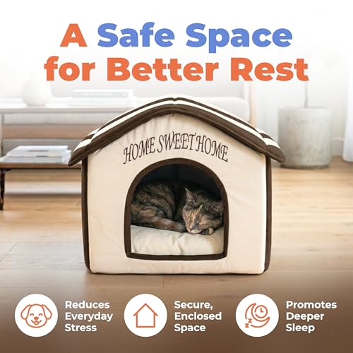 Best Pet Supplies Cat Bed for Indoor Cat, Domed Tent House with Removable Pillow, Covered Cat Cave for Small Dog, Puppies and All Breeds of Cats - Beige w/ Brown Stripes, 16 x 16 x H:14" - color: Beige w/ Brown Stripes, size: 16" x 16" x H:14"
