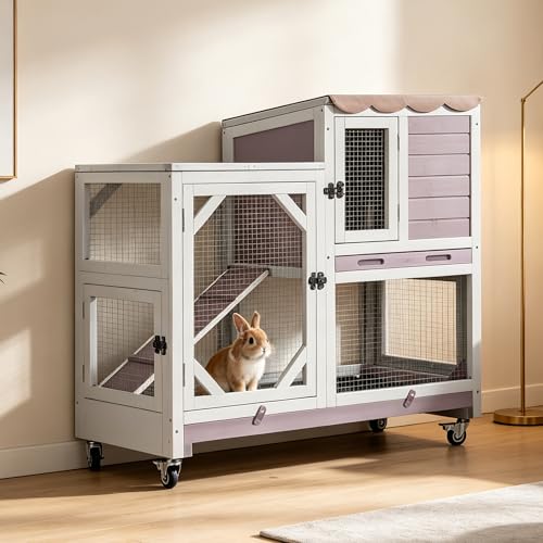 Rabbit Hutch 2-Story Wooden Bunny Cage with 2 Leak-Proof Sliding Trays, Chew-Proof Metal Mesh, Rainproof Cover, Indoor & Outdoor Guinea Pig House with Wheels - Grey - color: 39"L Grey