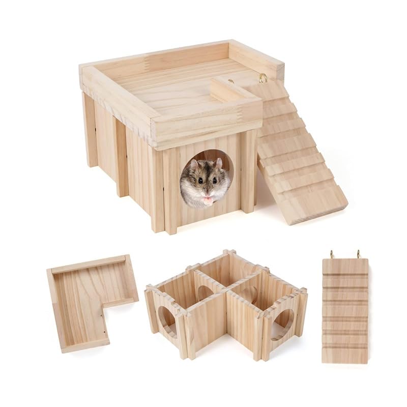 Wooden Hamster Hiding Place with Hamster Bowl Ladder and Detachable Platform, Suitable for Small Pets, Perfect for Hamsters, Rats, sandmice, mice and Other Small Animals