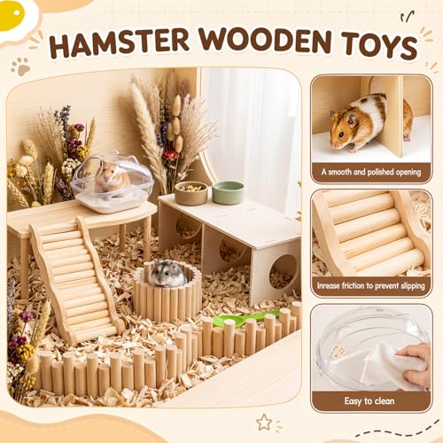 Qunclay 5 Pcs Hamster Wooden Platform Chamber Hideout House Climbing Ladder Bridge Fence Toy with Hamster Bath Container Decor Cage Accessories for Small Animal Dwarf Syrian Mice Degus Gerbils - style: Chic