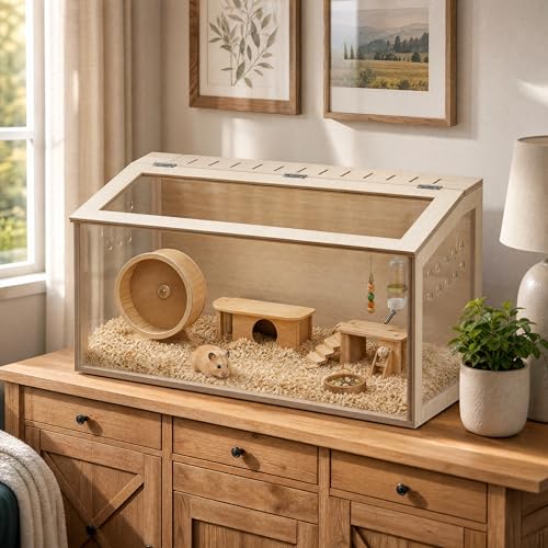 Hamster Cage Large, 32-Inch Wooden Enclosure, Open Top Acrylic View | 270° Panoramic Acrylic View, Open Top, Easy To Clean, Three-Sided Ventilation,Perfect Rat Cage, Gerbil Cage, Mouse Cage