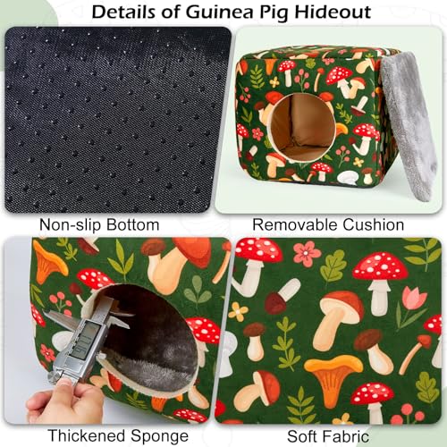 Bienbee Guinea Pig Hideout, Washable Plush House for Small Animals | Guinea Pig House with 2 Wide Entrances, Removable Mat and Non-skid Bottom,Warm and Cozy for Small Pet's Resting and Hiding - color: Green Mushroom