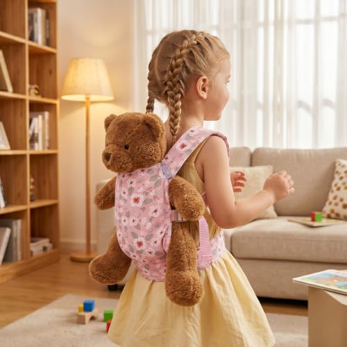 Doll Carrier for Toddler 100% Cotton Pretend Play Doll Carrier with Adjustable Straps 3 Carry Ways Stuffed Animal Baby Dolls Accessories Gift - White Pink Flower - color: White Pink Flower