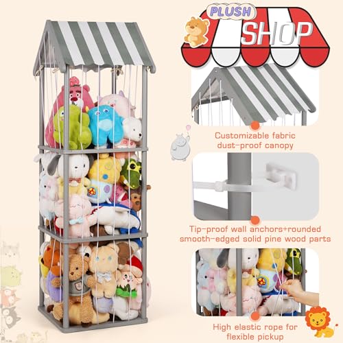 Wooden Stuffed Animal Storage Zoo 3-Tier, Anti-Tip Plush Toy Organizer | Large Capacity Stuffed Animal Organizer Holds 40+ Plushies, Anti-Tip Vertical Corner Toy Holder for Kids Nursery - color: Gray, size: Large