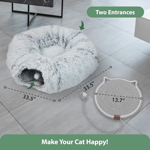 Cat Tunnel Donut Bed & Cat Scratch Pad, Interactive Cat Tunnels for Indoor Cats, Fits Multiple Cats Up to 15 lbs, Cozy and Durable Cat Hideaway Toy for Kittens, Puppies, Rabbits (Grey)