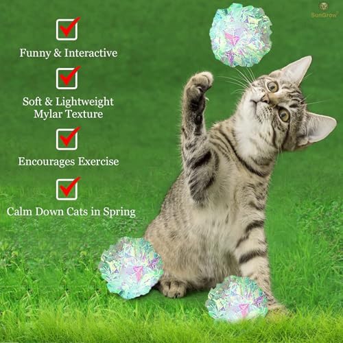 SunGrow Mylar Cat Crinkle Balls, 2", Shiny and Stress Buster Toy, Lightweight and Great for Use in Craft Projects, Toy Ball Suitable for Both Feline and Kids, Kitten Chew and Chase Balls for Exercise - size: 12 Pcs
