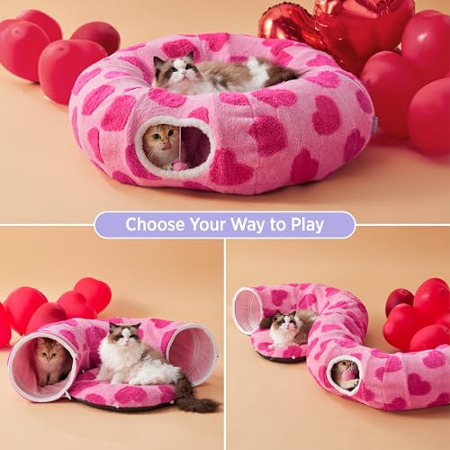 Lesure Donut Cute Jacquard Cat Tunnel Bed Kitten Toys for Puppy Bunny | 33.5x33.5x10in,Round Cat Bed Tube for Indoor Cats Rabbit Dog,Pet Peekaboo Cave Toy,Spiral Hideaway,Washable Cushion - color: A Lover Hearts, size: Standard (33.5"L x 33.5"W x 10"H)