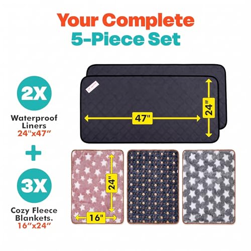 LUFTPETS Guinea Pig Cage Liners 5 Pcs, Washable Midwest Pads & Fleece Mats | 2 Absorbent Bunny Pee Pads 47x24, 3 Fleece Blankets. Hay Shakes Off. Non-Slip. Waterproof Rabbit Bedding - size: Midwest 5 Pack
