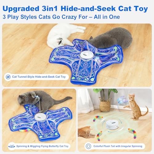 Interactive Cat Toys for Indoor Cats,Automatic Kitten Tunnel Toy | Rechargeable Touch Activated, Hide and Seek Design, Colorful Fluffy Tail & Butterfly, Cat Enrichment Toy for Bored Cats - color: Blue Cover Cloth Toy