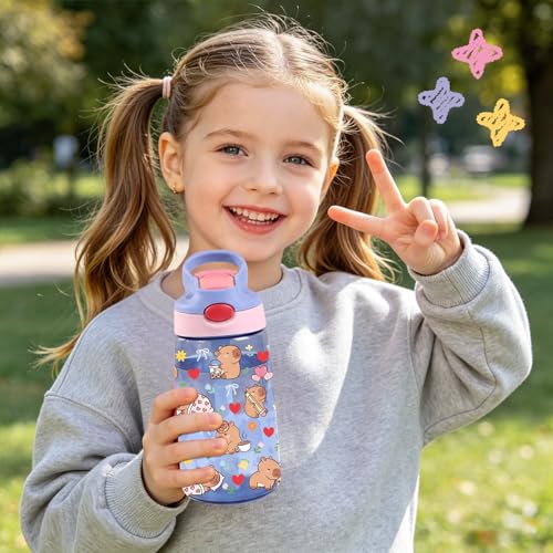 Kids Plastic Water Bottle - Cute Water Bottle for Kids, 14oz Plastic Water Bottles with Straw Lid, Leakproof BPA-Free Animal Water Bottles for Home Sports Travel, Pop-Up Straw Cover, Purple - color: Capy-bara