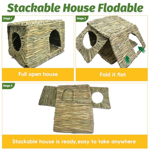 Hamiledyi 2 Pack Large Rabbit Grass House Hand Woven Natural Bunny Hut Foldable Play Bed Safe Cozy Hideaway Hay Mat Chew Toys for Hamster Guinea Pig Chinchilla Gerbil Ferret - size: 2 Pack (14.57"L x 11.42"W x 10.24"H)