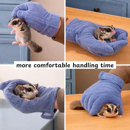 Hamster Anti Bite Gloves Sugar Glider, Calming Anti Bite Gloves and Feeding Spoons, Soft Bonding Mitt for Training Grooming Handling, Sugar Glider Cage Accessories, Dwarf Hamster Accessories (Blue) - color: Blue