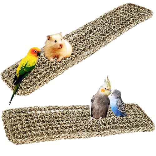 20.5 x 7.9 Inches Bird Seagrass Mat, Natural Grass Woven Bird Net Hammock Mat, Climbing Rope Ladder Chew Toy, Bird Cage Accessories for Parrots, Psittacines, Cockatiels, Hamsters, Lovebirds（2 Pack） - size: 20 x 8 Inch