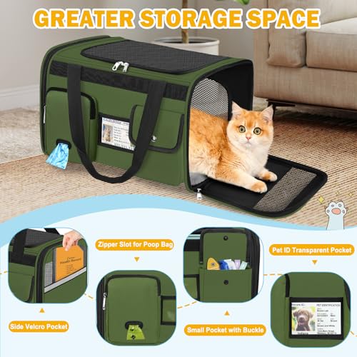 HUANLANG Large Cat Carrier Soft Sided Travel Pet Carrier Airline Approved | Dog Carriers for Small Dogs Medium Cats,Collapsible,3 Storage,zipper lock,Reflective strips,Luggage Strap, Up to 15 Lbs - color: Army Green