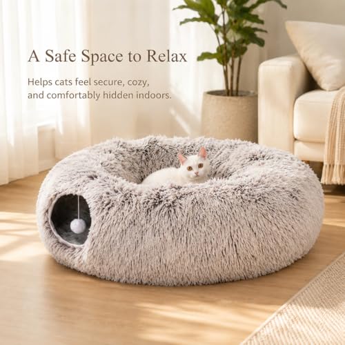 Warm Fluffy Plush Cat Tunnel Bed Under Christmas Tree Big Tube Playground Toys 3 FT Diameter Longer Crinkle Collapsible 3 Way, for Indoor Cat Kitty Kitten Puppy Rabbit Ferret Brown - color: Brown