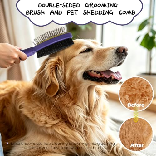 2PCS Pet Grooming and Deshedding Brush Tools | 2-In-1 Double-Sided Dogs Cats Brush for Shedding and Bathing, Pet Shedding Comb for Removes Loose Long and Short Haired - color: Purple