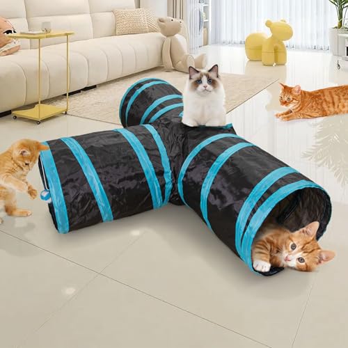 Cat Tunnel, 3 Way Cat Tunnels for Indoor Cats, Foldable Cat Tubes and Tunnels for Indoor Cats, Kitty Bored Peek Hole Toy Ball Cat, Puppy, Kitty, Kitten, Rabbit, Guinea Pigs (Blue & Black)