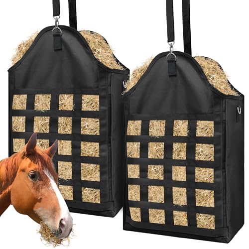 Loyala Hay Bag Goat Hay Feeder Slow Feed Hay Bags 600D Oxford Cloth Hay Bags for Horses Goats Sheep Donkeys Cows (Black Grid