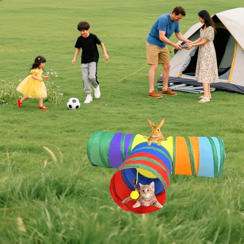 Rabbit Tunnels & Tubes Collapsible Toy 3 Way Rainbow | Play Tunnel Tube Toy with Hanging Ball for Kitten, Puppy, Bunny, Ferret, Interactive Toys for Fun Playtime & Exercise - color: Rainbow