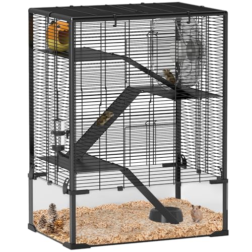 PawHut Large Hamster Cage 9" Deep Tempered Glass Bottom 24"x16"x31.5" Black | 4 Tiers Hamster Tank, Running Wheel, Hut, Water Bottle, Dish, Rat Cage for Syrian, Dwarf, Gerbils, Mouse - size: 23.6"L x 15.7"W x 31.5"H