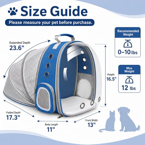 Expandable Cat Carrier Backpack with Bubble Window, Blue | Breathable mesh, anti-collapse frame, side door, safety leash and escape-resistant zippers for vet visits and outdoor travel. - color: Blue