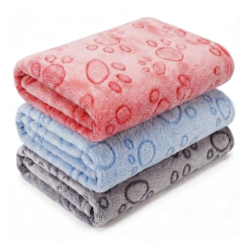 CADONO 1 Pack 3 Blankets for Dog Puppy Cat (Small 23x16'', Blue, Red, Grey) | Super Soft Fluffy Premium Fleece Pet Blanket Flannel Paw Printed Throw - color: Blue, Red, Dark Grey, size: 23x16 inch(Pack of 3)