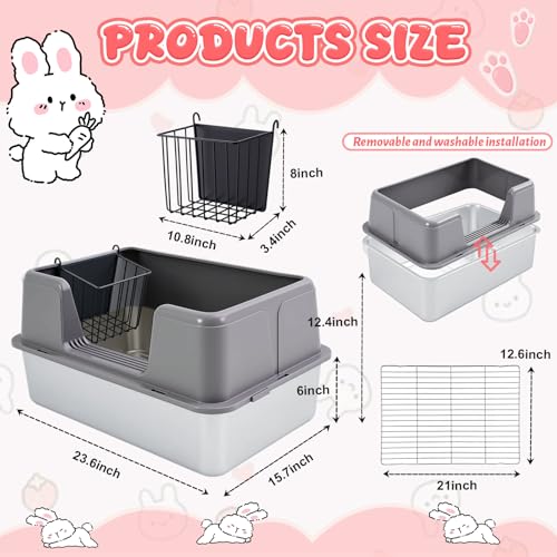Zonon Extra Large Rabbit Litter Box, 23.6" L x 15.7" W x 12.4" H Stainless Steel Rabbit Litter Box with Lid, Hay Feeder with Hooks, Footed Metal Grid, Easy to Clean for Medium and Large Rabbits
