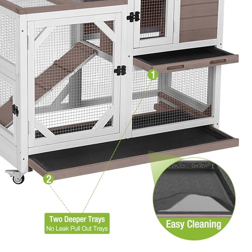 GUTINNEEN Rabbit Hutch Indoor Outdoor 2 Story Bunny House on Wheels Wood Rabbit Cage with 2 Pull Out Trays Guinea Pig Cage - size: 39.3"L Rabbit Hutch Brown