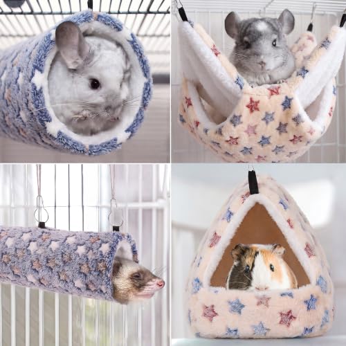 MCEAST 4 Pieces Small Pets Cage Accessories Hanging Hammock Sleeping Bag Tunnel and Bed Hideout Set Warm Sleep Nap Sack Bed for Hamster Ferret Squirrel Rabbit, Light Brown and Gray Stars - style: Brown+Gray Stars