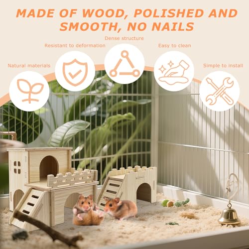 Wooden Hamster House Playground Set, Multi-Level Hamster Cage Accessories with Stairs & Arch Bridge, Small Animal Hideout for Dwarf Hamsters, Gerbils & Mice (Hamster House)