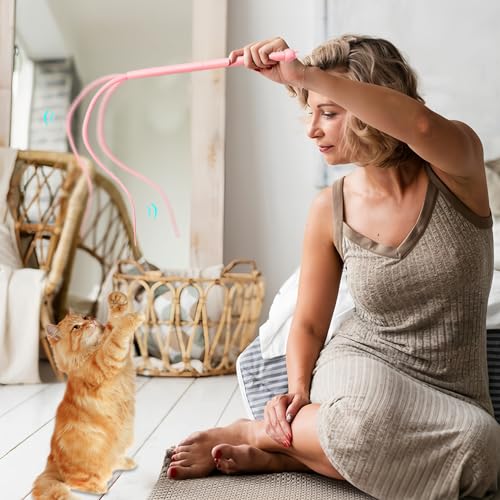 Andiker Mice Tail Cat Wand Toy, 30 inches Long Cat Teaser Stick with Innovative Silicone Rat Tail Easy to Install and Clean Soft Easy Swing Tail Interactive Cat Toys for Indoor Cats (Pink) - color: Pink