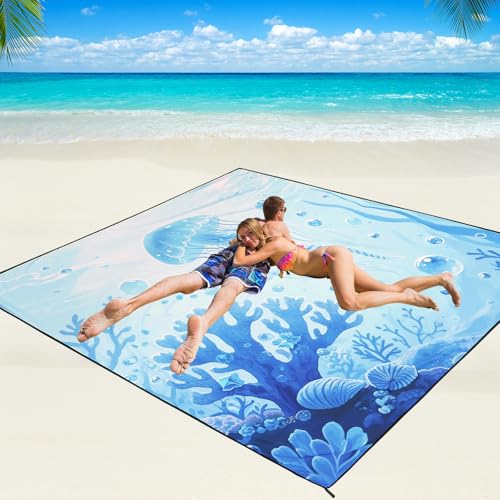 WIWIGO Beach Blanket Mat Waterproof Sandproof for 2-8 Adults Quick Drying | Extra Large, For 2-8 Adults,Windproof, Outdoor Picnic Mat, Beach Accessories Must Have,Gifts, for Travel, Camping, Hiking - color: 3d-jellyfish, size: 79" X 83"（1-4person）
