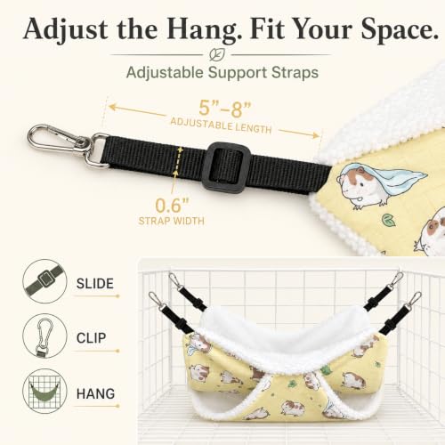 Small Pet Hammock & Tunnel Set for Ferrets, Guinea Pigs, Rats - Plush Hideout Bed & Cage Toy, 2-Pack, Yellow Guinea Pig Print - color: Yellow