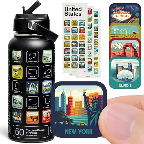 THE GEOPROJECT 50 States Bucket List Water Bottle with Stickers - 32oz Leakproof Insulated Stainless Steel with Straw & 50 States Water Bottle Stickers (Black) - color: Coal/Black