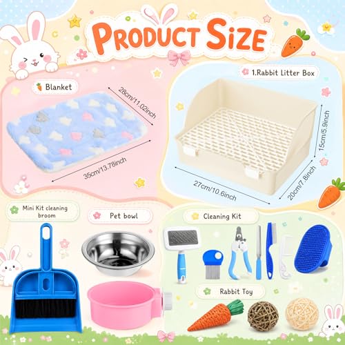 Reallnaive 15 Pcs Rabbit Starter Kit Small Rabbit Litter Box Girls Gift Animal Grooming Kit Bunny Toys Bowl Blankets with Cleaning Set for Guinea Pig Accessories(Beige) - color: Beige