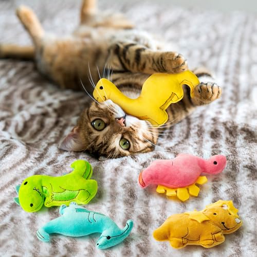 MALLMALL6 5Pcs Dinosaur Catnip Toys for Cat, Indoor Cat Chew Bite Kick Catmint Pet Supplies for Kitten Lover Gifts, Interactive Pet Toy with Cute Expression - style: Dinosaur