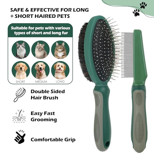 2PCS Pet Grooming and Deshedding Tools | 2-In-1 Double-Sided Cat Brush for Shedding and Bathing, Dogs & Cats Shedding Comb for Long and Short Haired Dogs Cats - color: Green