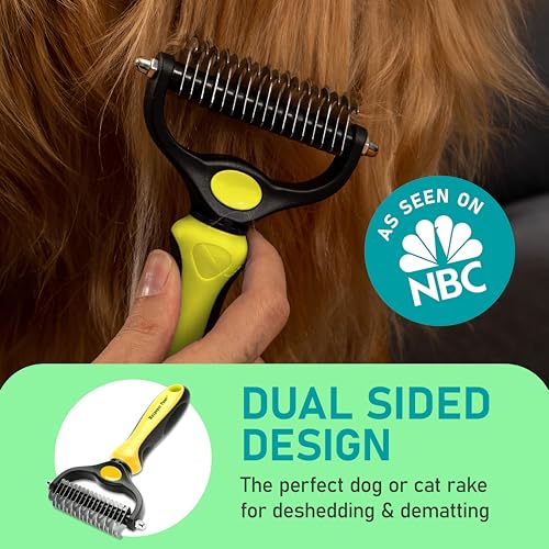 Maxpower Planet Pet Grooming Brush - Double Sided Shedding, Dematting Undercoat Rake for Dogs and Cats - Extra Wide Dog Grooming Brush - Yellow | Yellow Deshedding & Dematting, Extra-Wide Double-Sided Comb, Long-Haired Coats, Reduces Shedding, Original De