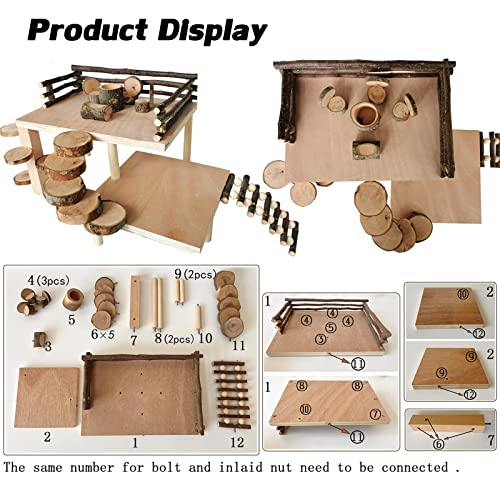 VolksRose Wooden Hamster Playground Platform, Hamster Climbing Toy, Natural Living Climb System, Small Animals Activity Set with Ladder Food Bowl Ramp Bridge for Mouse Gerbil Rat Chinchilla - color: #3