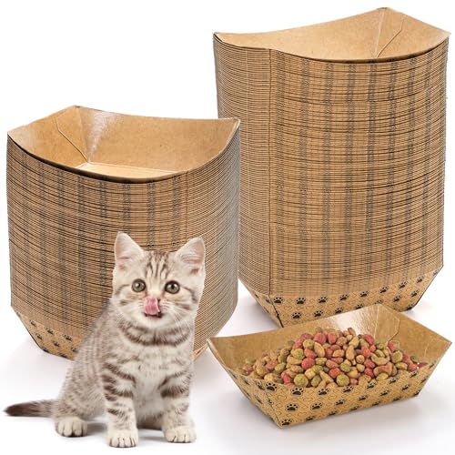 SOUJOY 100 Pack Disposable Pets Feeding Bowls, 2 lb Paper Travel Cat Food Bowl, Boat Foot Print Design Food Serving Trays for Wet and Dry Food, Small Dog Puppy, Cat