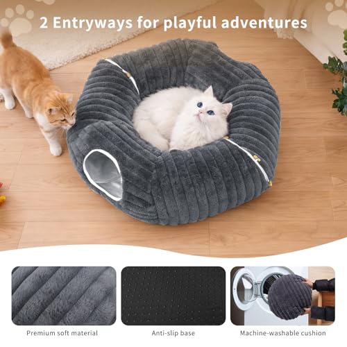 Dogpals Cat Tunnel Bed Cave 33" Lx10 Wx10 H for Indoor Cats | Washable Cozy Cushion, Soft Striped Plush Fabric, Hideaway Peekaboo Cave for Kittens, Puppies, Rabbits & Small Pets - color: Deep Grey
