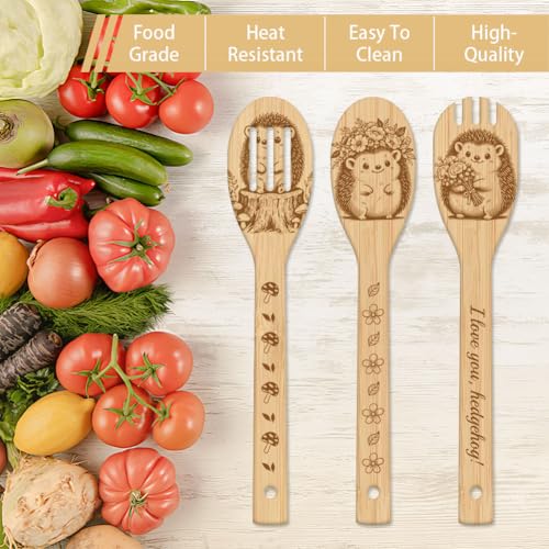 GLOBLELAND 6 Pcs Hedgehog Wooden Spoons Utensil Set Hedgehog Flowers Bamboo Carving Kitchen Cooking Utensils Wooden Engraved Cooking Spatula Sets for Kitchen Fun House Warming Gift - color: Hedgehog